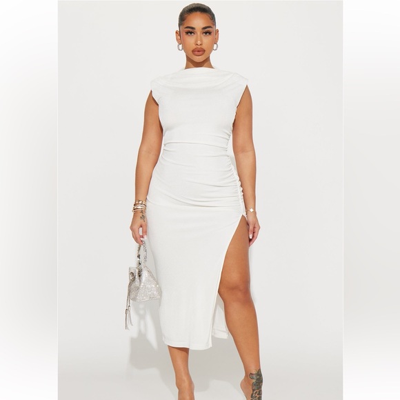 FASHIONNOVA ALICE RUCHED MIDI DRESS WHITE - Picture 1 of 3